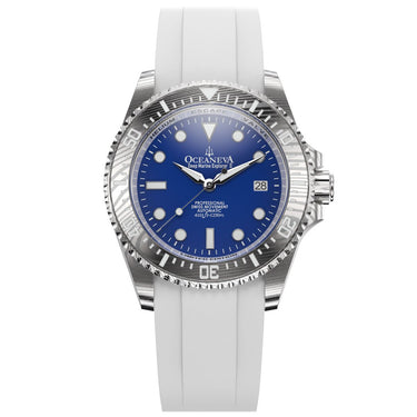 Oceaneva Mens Deep Marine Explorer II Damascus Steel Watch Blue Dial White Rubber